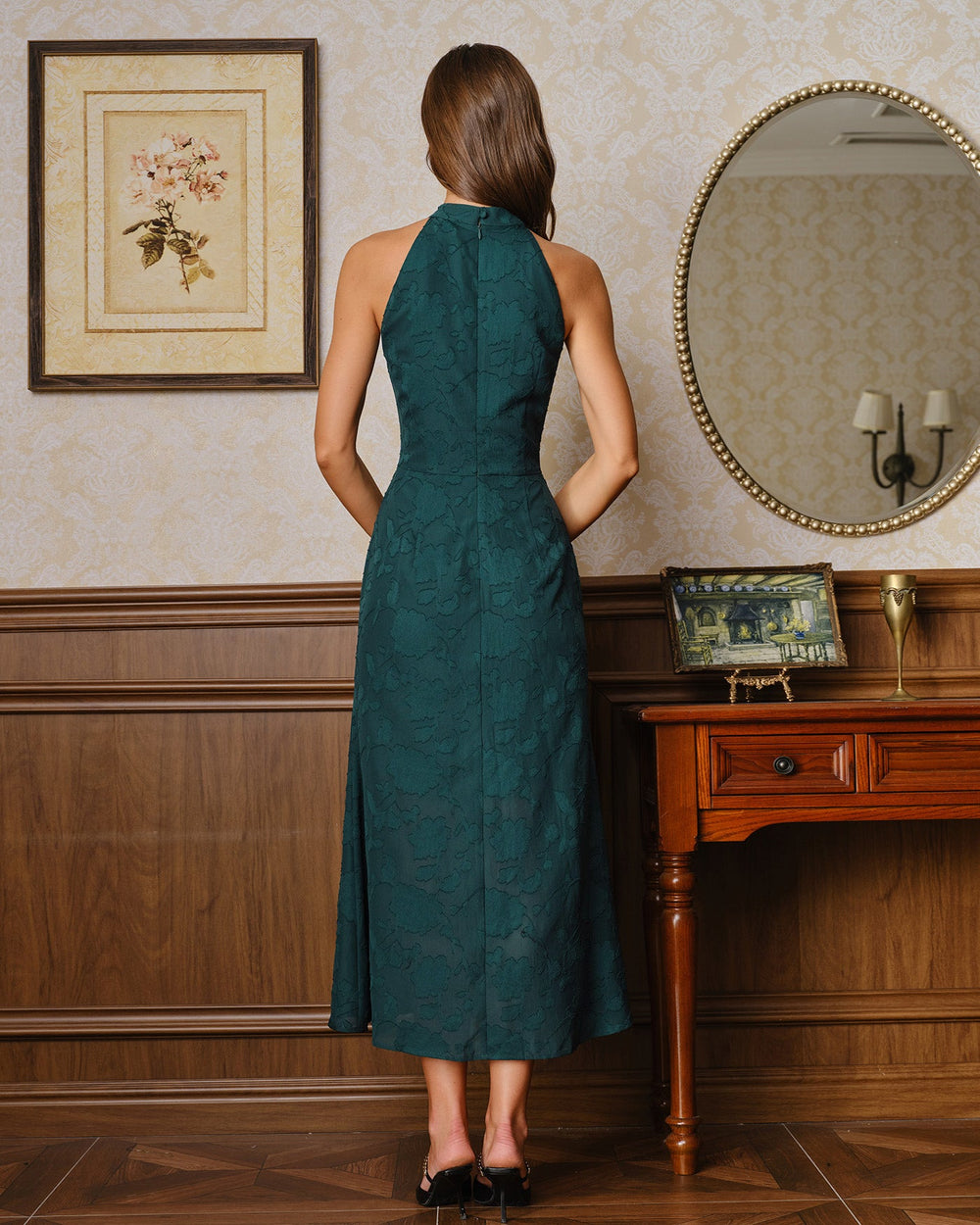 Vestido Esmeralda | Jacquard Verde con Cuello Alto