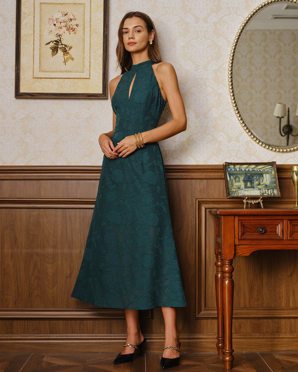 Vestido Esmeralda | Jacquard Verde con Cuello Alto