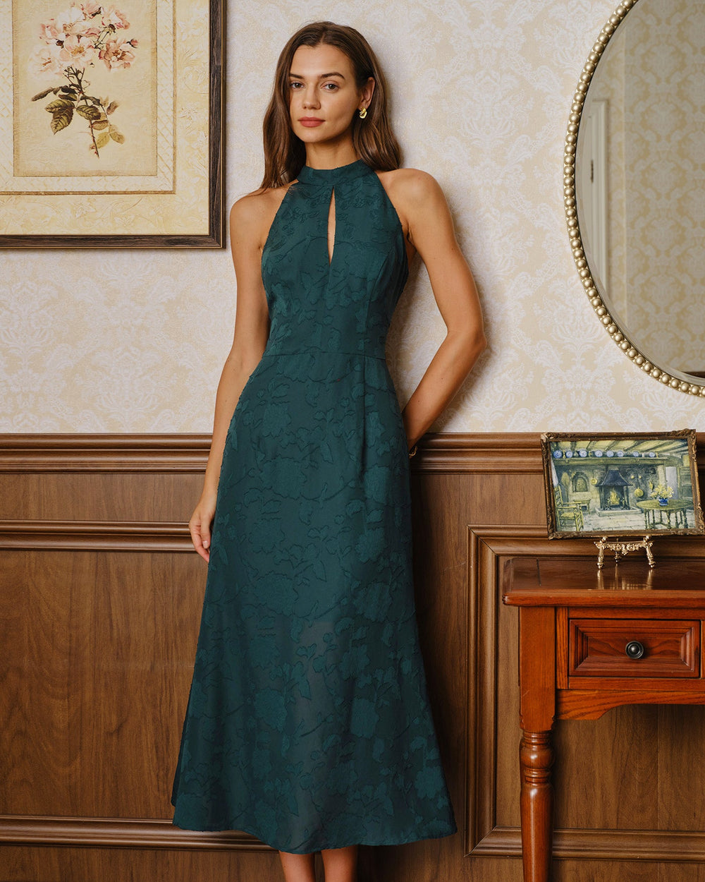 Vestido Esmeralda | Jacquard Verde con Cuello Alto