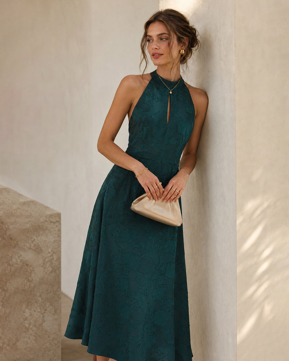 Vestido Esmeralda | Jacquard Verde con Cuello Alto