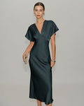 Vestido Selene | Satén Verde Gris con Manga Drapeada