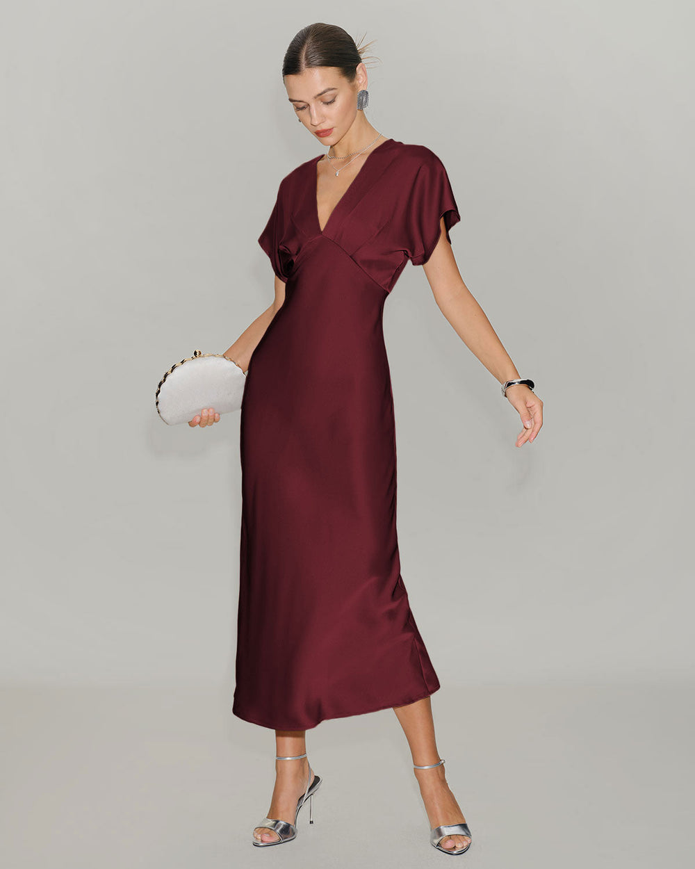 Vestido Gala Vino | Satén con Manga Drapeada