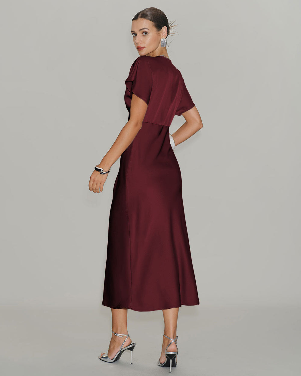 Vestido Gala Vino | Satén con Manga Drapeada