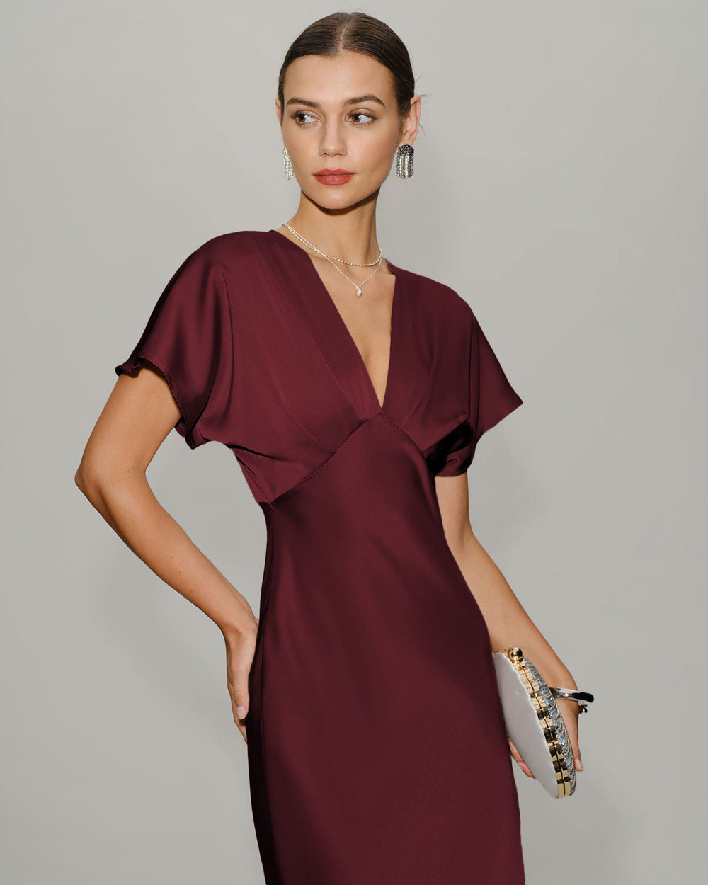 Vestido Gala Vino | Satén con Manga Drapeada