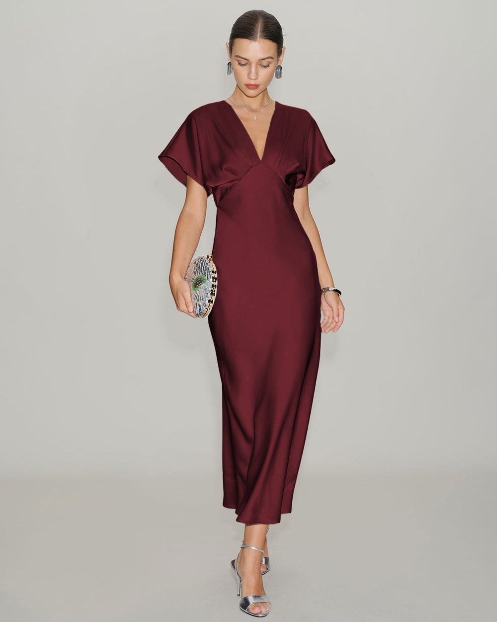 Vestido Gala Vino | Satén con Manga Drapeada